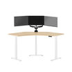 command center electric standing desk with a light wood desktop and white legs with two monitors on it in front of a white background 