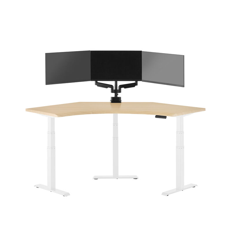command center electric standing desk with a light wood desktop and white legs with two monitors on it in front of a white background  image number null