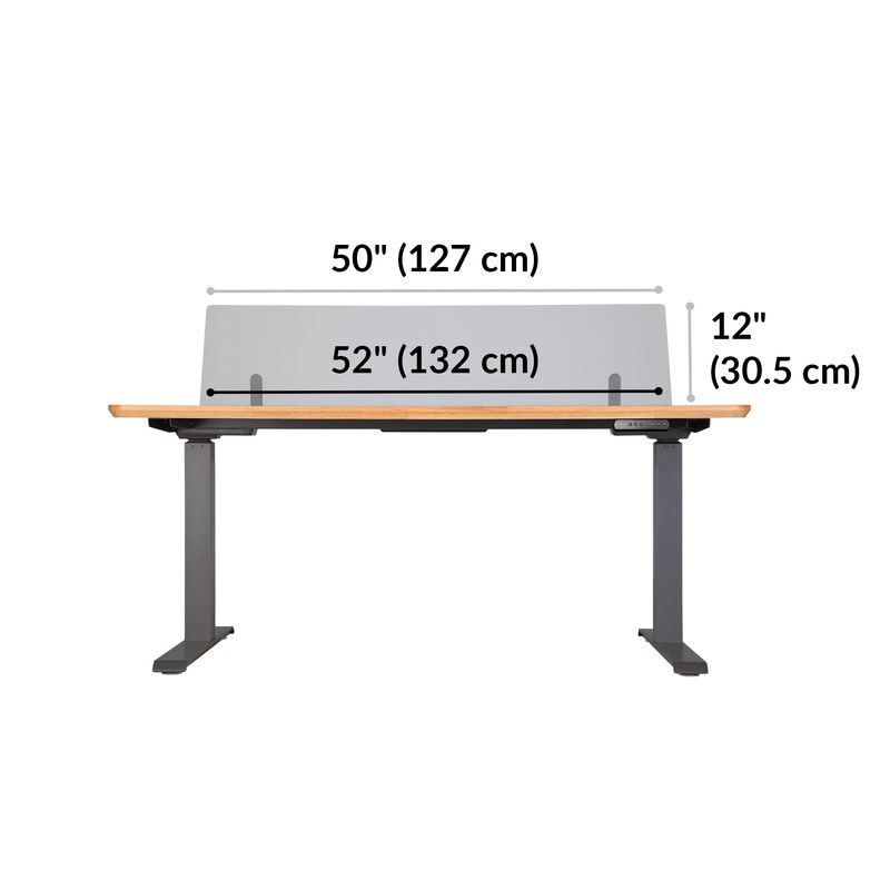 Acrylic Modesty Panel for the Electric Standing Desk 60 in Frosted Acrylic dimensions, 52 inches wide, 12 inches off desktop in the upward position image number null