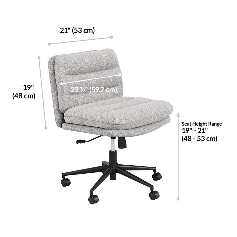 Product dimension diagram of the light gray boucle armless office chair: twenty one inches wide, nineteen inches deep, twenty three and a half inches wide across the backrest, and a seat height range of nineteen to twenty one inches. image number null