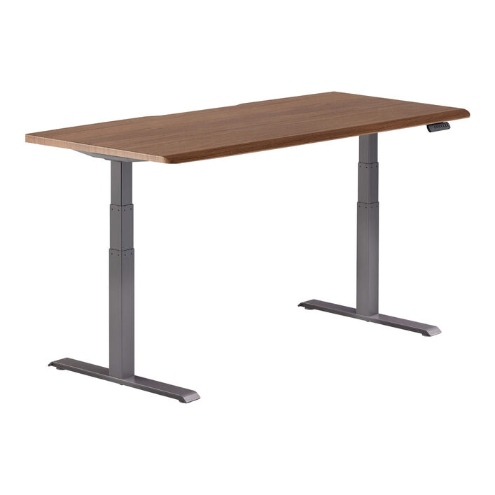 isolated image of a electric standing desk with a walnut finish top and slate legs image number 1