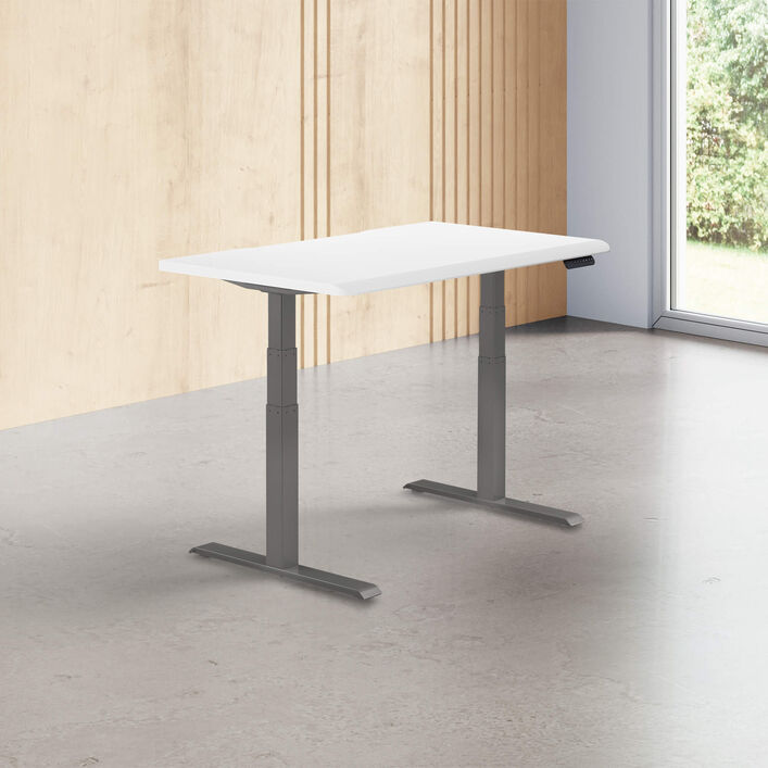 white finish standing desk top with slate legs in a open office image number 0