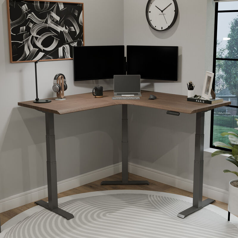 walnut finish l shape electric standing desk in an office workspace image number null