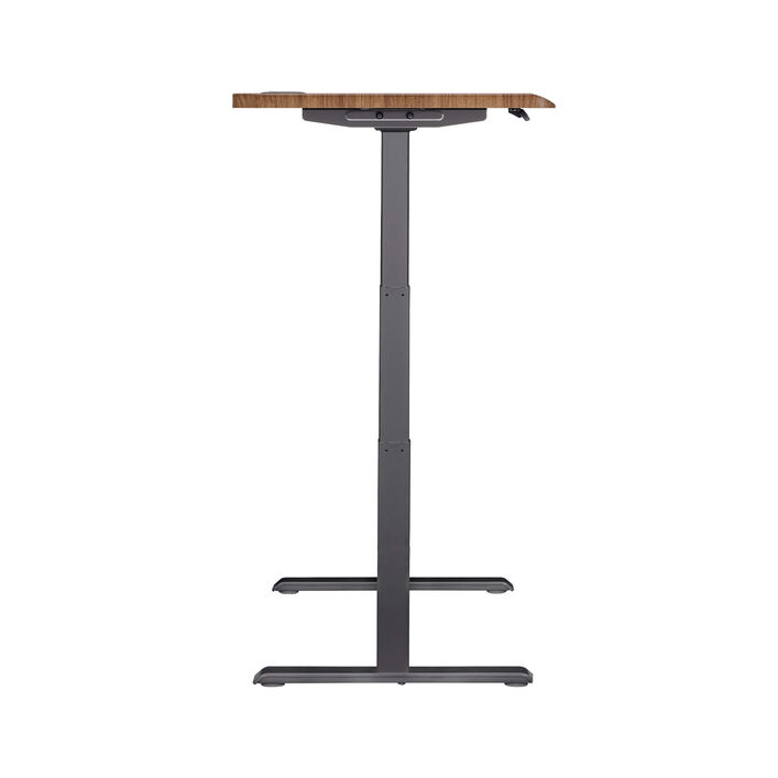 side view of an electric standing desk with a walnut finish top and slate legs image number 2