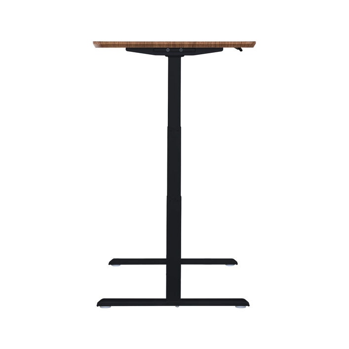 side view of an electric standing desk with a walnut finish top and black legs image number 2