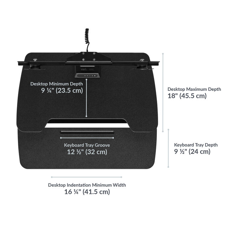 varidesk electric dual monitor converter in black has a desktop minimum depth of 9.25 inches and a desktop maximum depth of 18 inches with a keyboard tray depth of 9.5 inches and a desktop indentation minimum width of 16.25 inches image number null