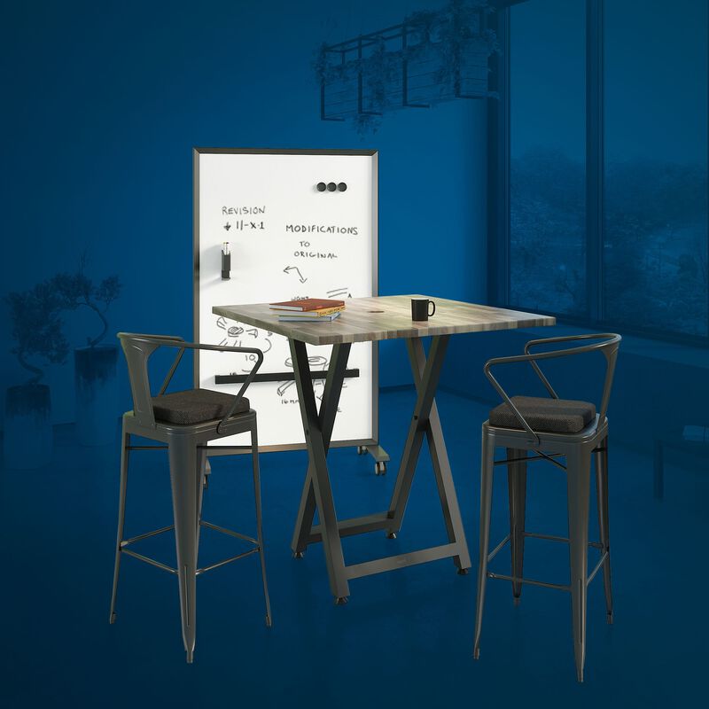 Standing height meeting table, two conference chairs, and mobile glass board in office image number null