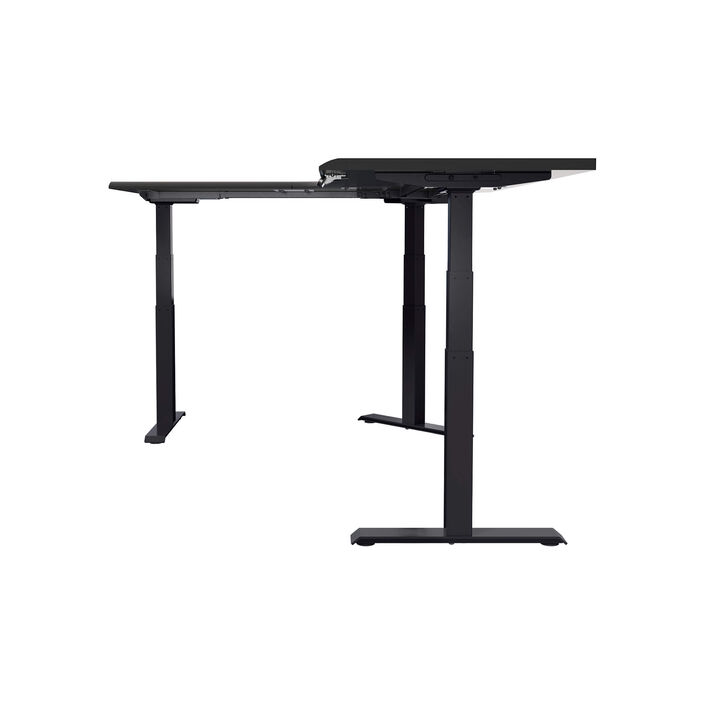 side view of an L-shape electric standing desk with a black finish top and black legs image number 2
