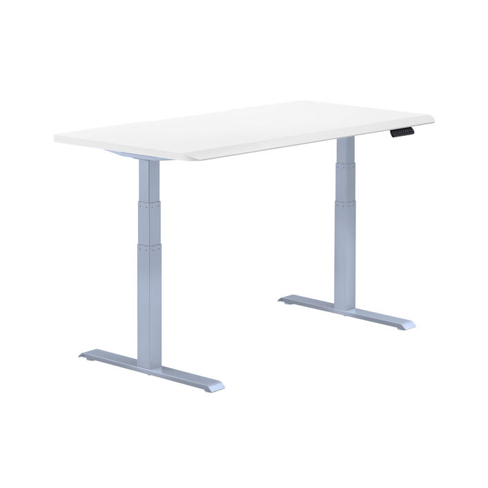 isolated image of a electric standing desk with a white finish top and silver legs image number 1