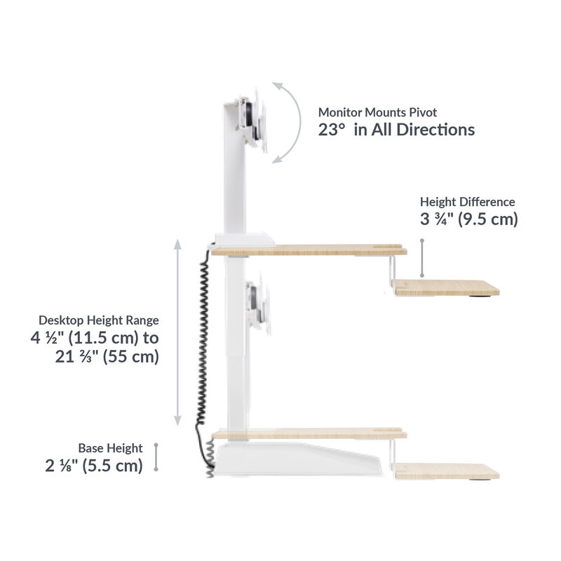 varidesk electric dual monitor converter in light wood has a base height of 2.125 inches and a desktop height range of 4.5 inches to 21.33 inches with a 23 degree angle monitor mount in all directions image number null