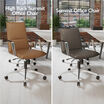 Side-by-side comparison of two modern office chairs: the High Back Summit Office Chair in brown and the standard Summit Office Chair in black, both set in a contemporary office with exposed brick walls.