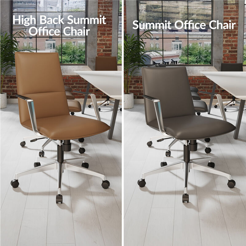 Side-by-side comparison of two modern office chairs: the High Back Summit Office Chair in brown and the standard Summit Office Chair in black, both set in a contemporary office with exposed brick walls. image number null