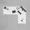 overhead view image of white finish l shape electric standing desk