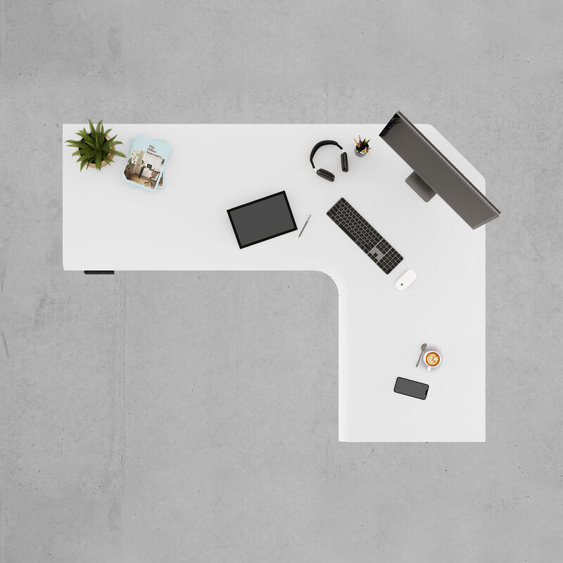 overhead view image of white finish l shape electric standing desk image number null