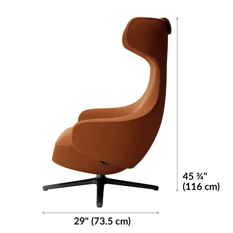 Burnt orange high back lounge chair is 45 and 3 quarter inches tall and 29 inches deep image number null