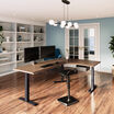 walnut finish l shape electric standing desk in an office workspace