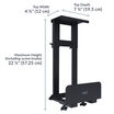 Black Vari PC desk mount with labeled dimensions: top width 4¾" (12 cm), top depth 7¾" (19.5 cm), and maximum height 22½" (57.25 cm), designed for under-desk computer tower installation.