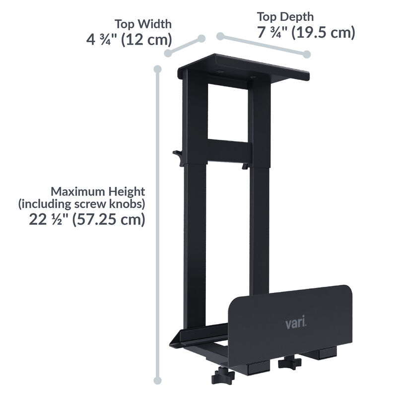 Black Vari PC desk mount with labeled dimensions: top width 4¾" (12 cm), top depth 7¾" (19.5 cm), and maximum height 22½" (57.25 cm), designed for under-desk computer tower installation. image number null