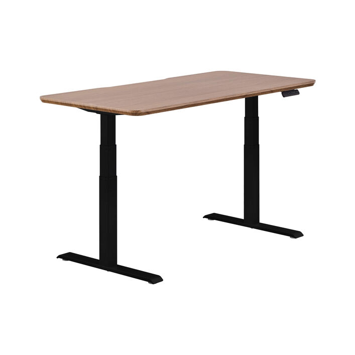isolated image of a electric standing desk with a walnut finish top and black legs image number 1