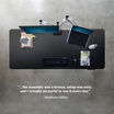 overhead image of an electric standing desk with a quote underneath reading, the assembly was a breeze setup was easy and I actually am joyful to use it everyday