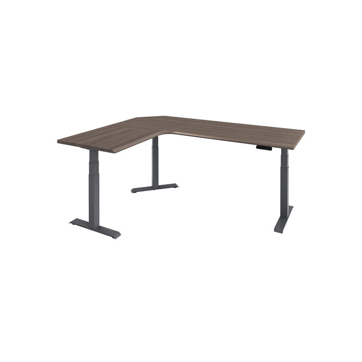 isolated image of a L-shape electric standing desk with a espresso wood finish top and slate legs image number 1