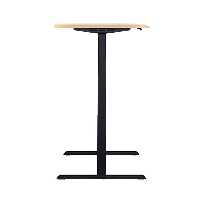side view of an electric standing desk with a light wood finish top and black legs image number 2