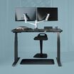 Space-Saving - Complete Sit-Stand Workspace bundle is comprised of the electric standing desk 48 by 30, dual monitor arm, active seat, power hub, and standing mat 34 by 20 with blue background