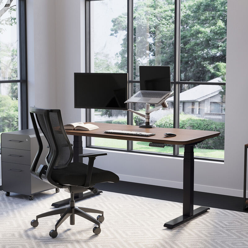 Electric Standing Desk 60x30 walnut black legs in lowered position at home image number null