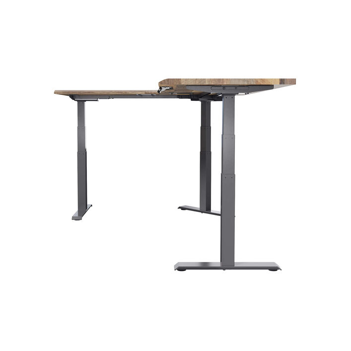 side view of an L-shape electric standing desk with a reclaimed wood finish top and slate legs image number 2