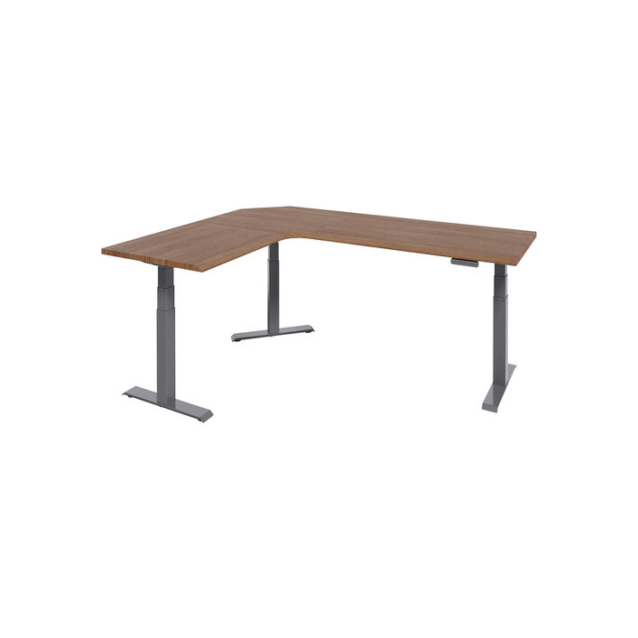 isolated image of a L-shape electric standing desk with a walnut finish top and slate legs image number 1
