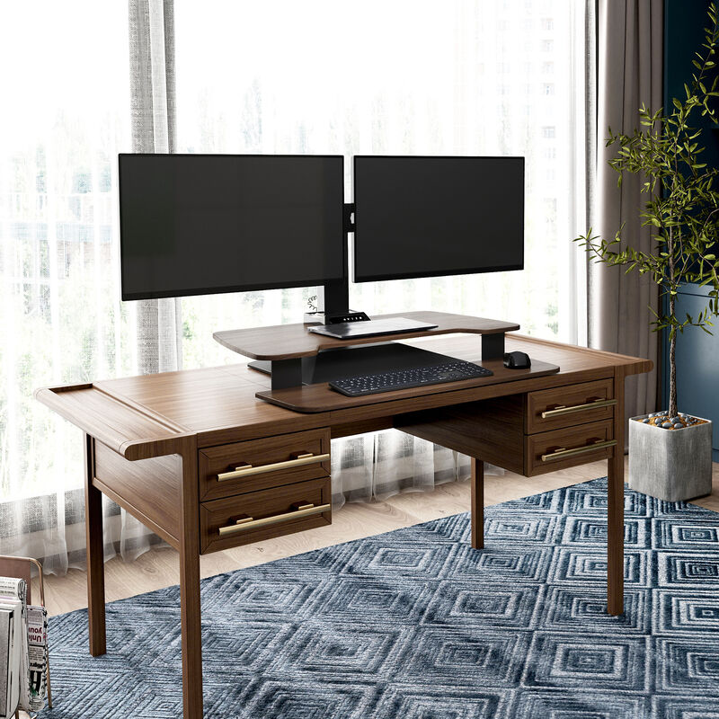 varidesk electric dual monitor converter in walnut in a lowered position on desk  image number null