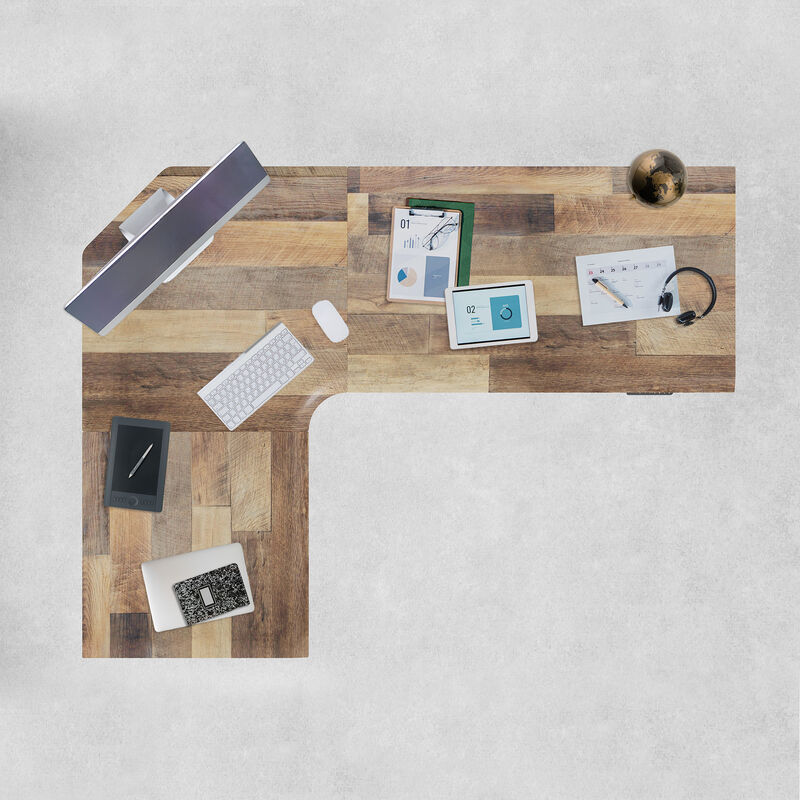 overview image of reclaimed wood finish l shape electric standing desk with a left return image number null
