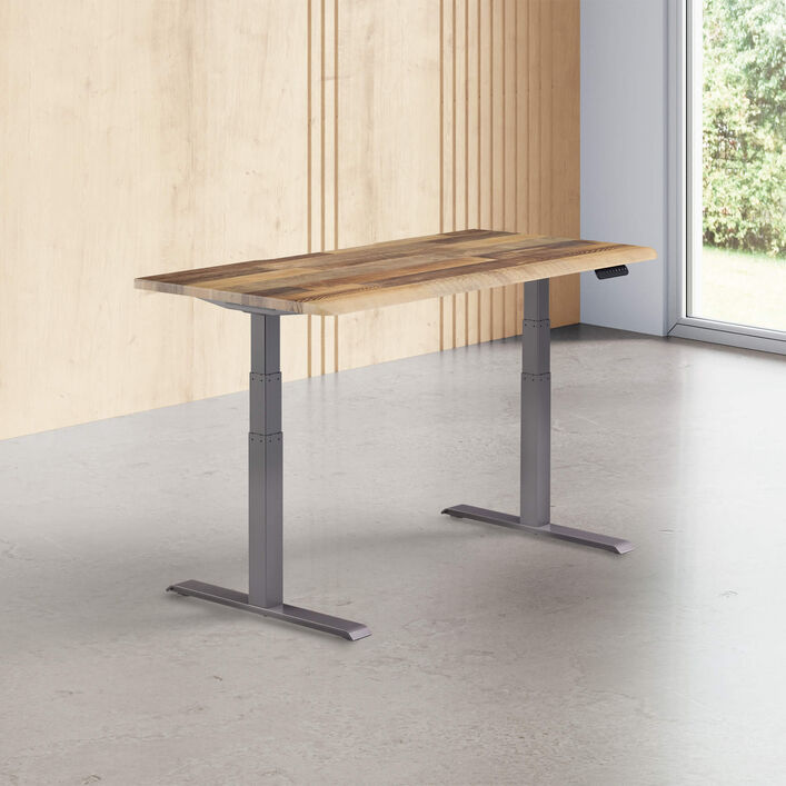 reclaimed wood finish standing desk top with slate legs in a open office image number 0