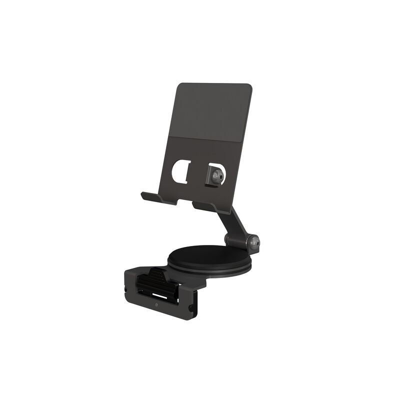 Black TechTrack phone or tablet mount stand with an adjustable arm and clamp base, shown on a white background. image number null