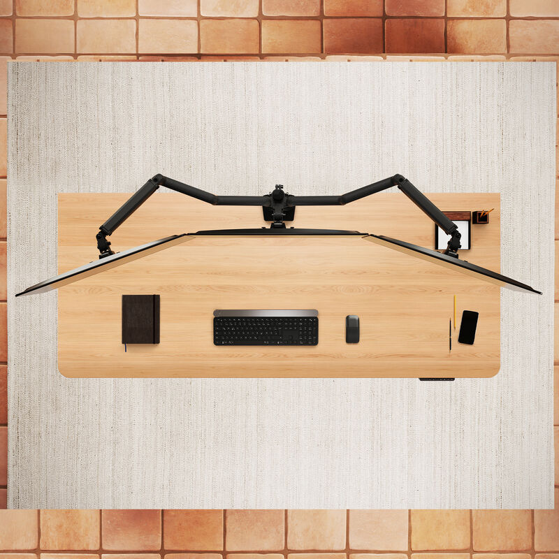Overhead view of the white oak desktop showing a cable management tray mounted beneath the surface. image number null