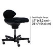 Black Vari core chair with contoured seat and backrest on a five-caster base, labeled with a seat height range of seventeen to twenty-one and a half inches.