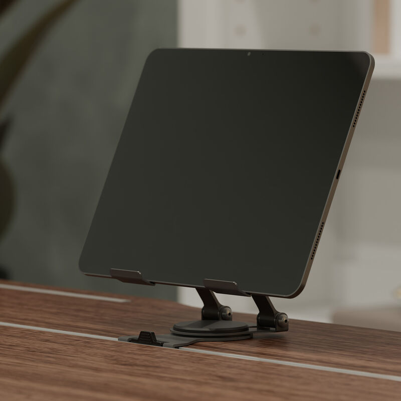 tablet stand attached to a tech track electric standing desk with tablet on it image number null