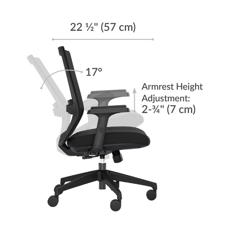 Side view of black Vari Essential Task Chair labeled with a width of twenty-two and a half inches, a recline angle of seventeen degrees, and an armrest height adjustment of two and three-quarter inches. image number null