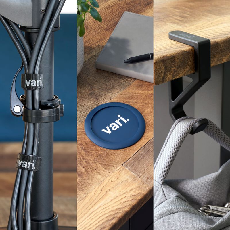 Three extra accessories, cable wraps around cables, coaster sitting on top of desk and desk hook on the end of a desk. image number null