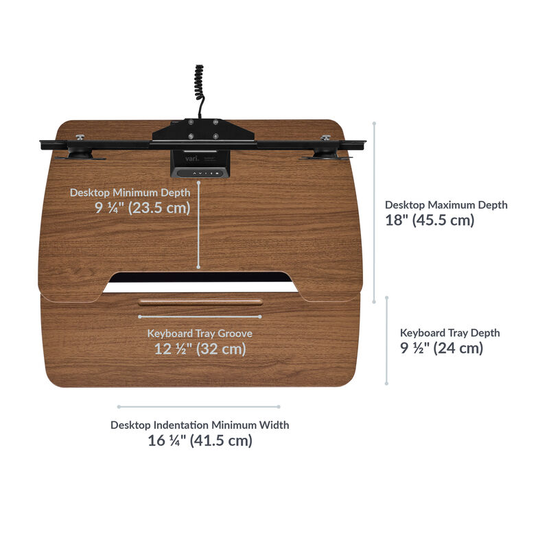 varidesk electric dual monitor converter in walnut has a desktop minimum depth of 9.25 inches and a desktop maximum depth of 18 inches with a keyboard tray depth of 9.5 inches and a desktop indentation minimum width of 16.25 inches image number null