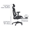 Side view of black Vari ComfortFlex chair labeled with chair height range of forty-six to forty-eight and three-quarter inches, seat height range of eighteen and a half to twenty-one and a quarter inches, and footrest extension of seventeen inches.