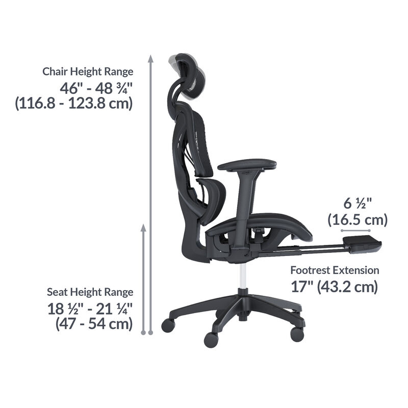 Side view of black Vari ComfortFlex chair labeled with chair height range of forty-six to forty-eight and three-quarter inches, seat height range of eighteen and a half to twenty-one and a quarter inches, and footrest extension of seventeen inches. image number null