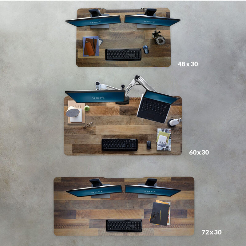 overhead image of three different sizes of electric standing desks image number null