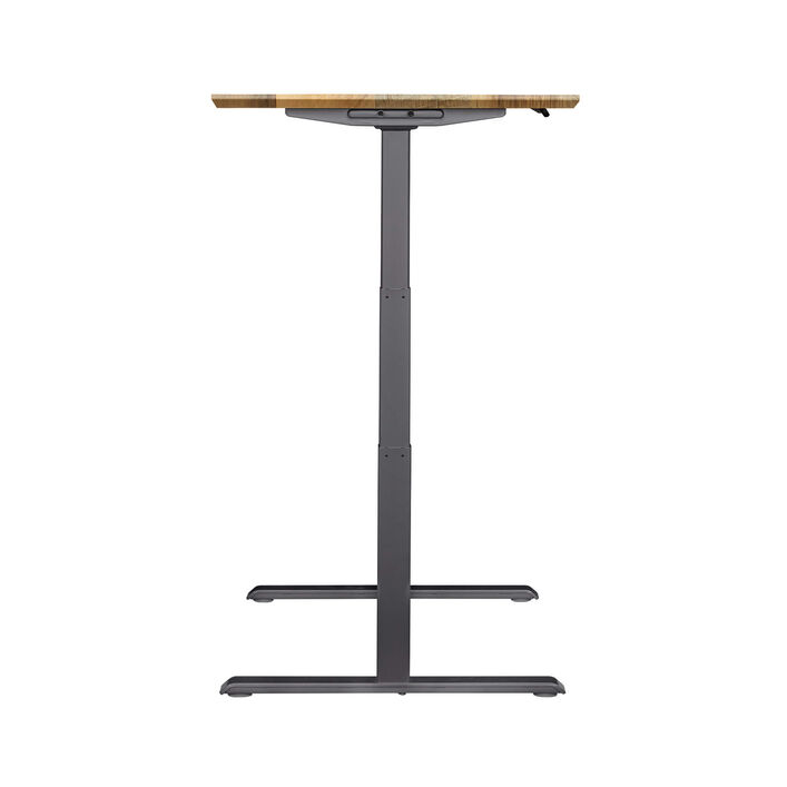 side view of an electric standing desk with a reclaimed wood finish top and slate legs image number 2