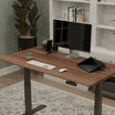 TechTrack ESD Walnut desk styled in a living room with a monitor, keyboard, mouse, tablet, phone stand, and mug, near a white bookshelf and a potted plant.