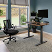 Hybrid work hub with an electric standing desk a dual monitor and laptop stand with task chair and power hub