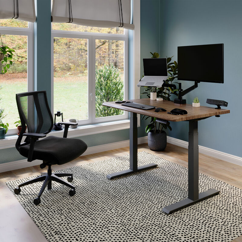 Hybrid work hub with an electric standing desk a dual monitor and laptop stand with task chair and power hub image number null