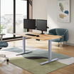 solid wood electric standing desk with a white oak top with silver legs in an open home office in lowered position