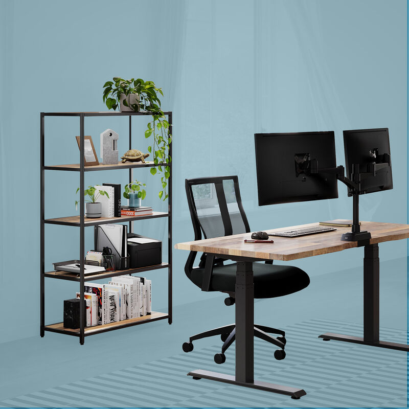 Elevated and organized bundle includes an electric standing desk 60x30 a 5 tier open shelf dual monitor arm and task chair image number null