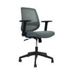 Sage grey mesh office chair on a white background, front three-quarter view showing adjustable armrests, mesh backrest, and black five-star caster base.
